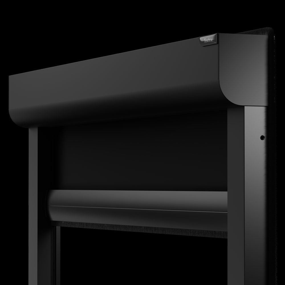 Close-up of the Tenebrae headrail's curved cassette and side channel in black