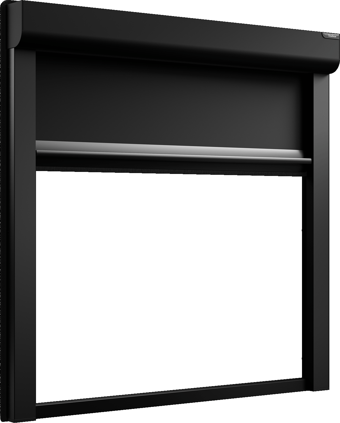 Tenebrae blackout shade, side view with the cassette open and side tracks visible